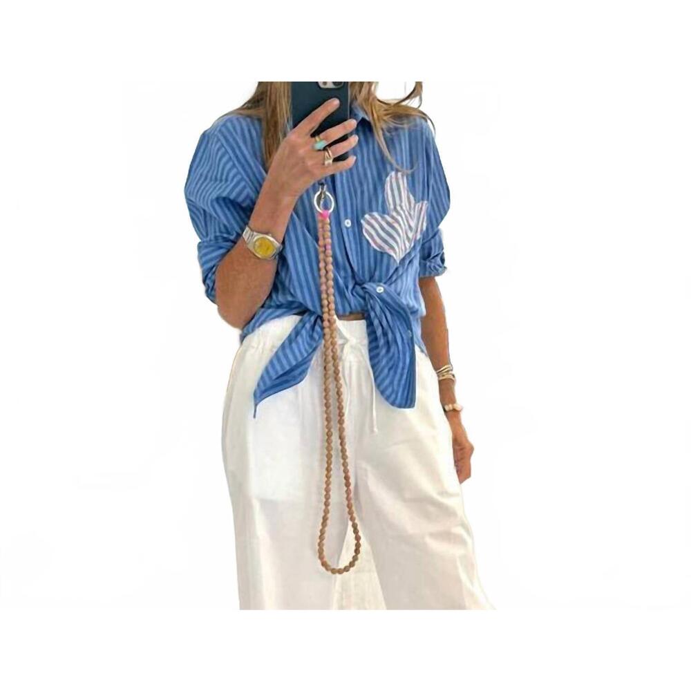 NEW KERRI ROSENTHAL women's mia stripe patchwork shirt in light blue mid blue - Picture 4 of 5